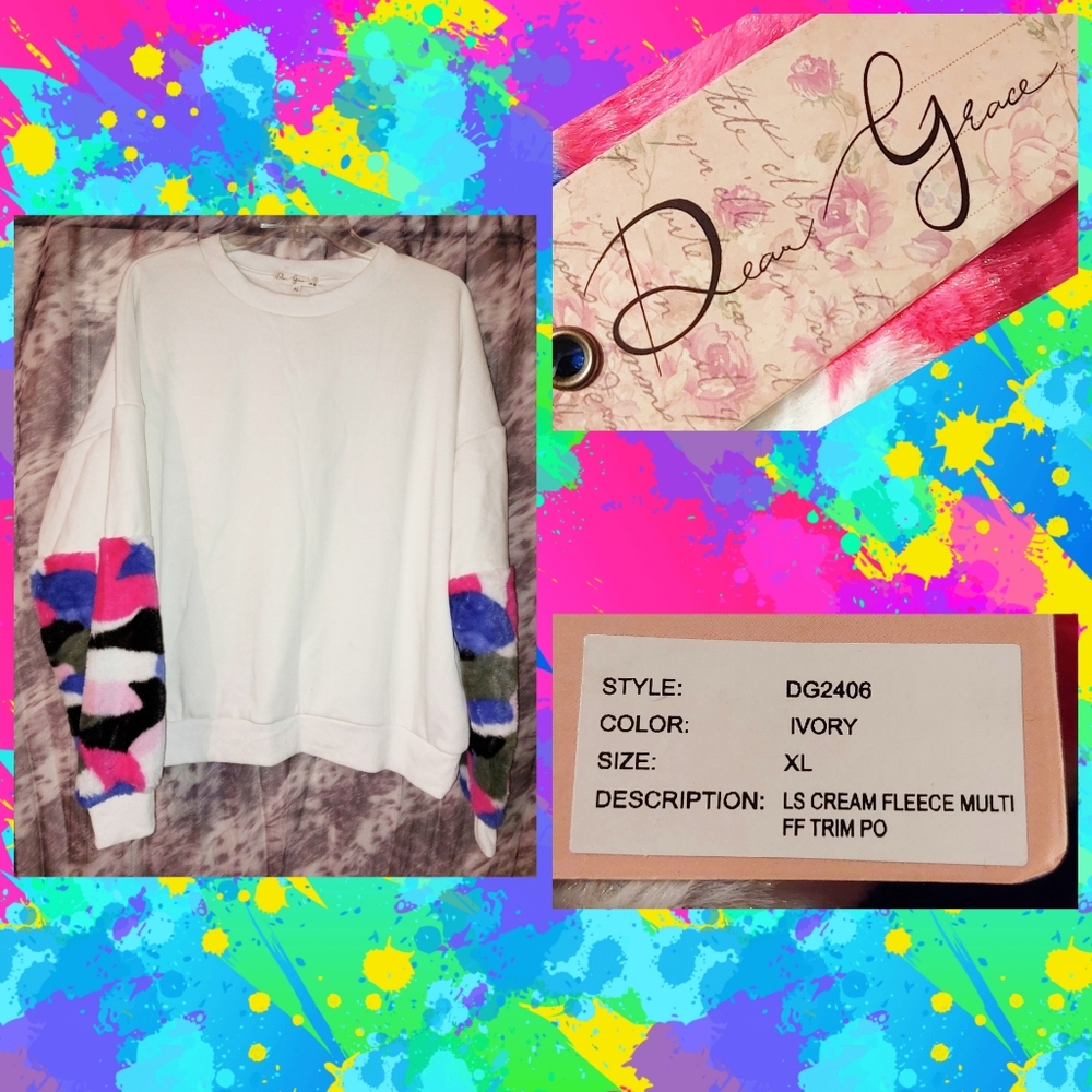 Dear Grace Ivory/Multicolor Soft Knit Sweatshirt w/Camo Statement Sleeves Sz XL